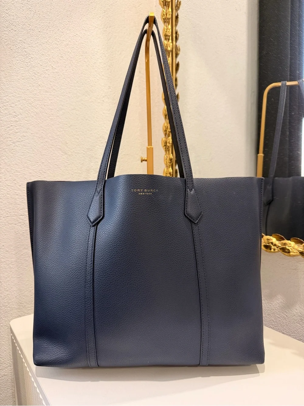Tory Burch Navy Leather Tote with Yellow Tag